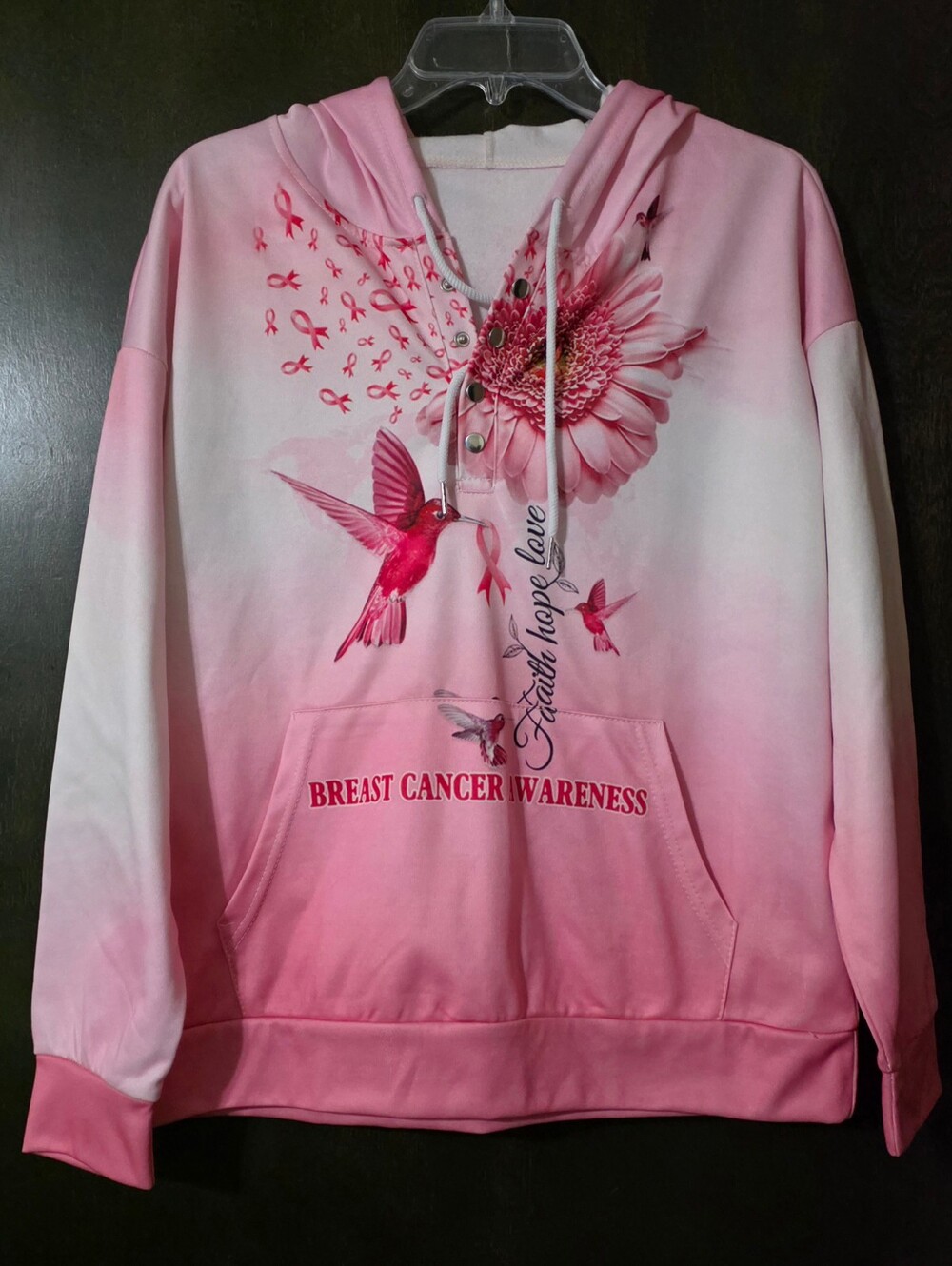 💢4For$20 Pink Ombre Breast Cancer Awareness Hoodie Hummingbird Graphic Size L